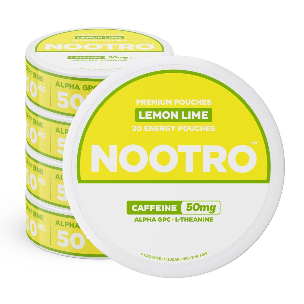 Nootro Caffeine Nootropic Pouches (lemonsko apno) - Energijske vrečke s 50mg kofeina, 50mg Alpha GPC, 50mg L-teanina brez sladkorja in brez kalorij - 20 vrečk na pločevinko - 5 Pack