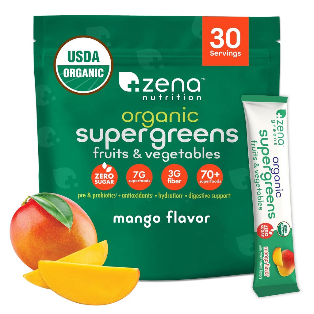 Zena Nutrition Organic Super Greens Powder, 70+ Superfoods, 0 Sladkor, 3G Fiber, Spirulina, Klorela, Gobe, Prebiotiki/Probiotiki, Prebavni encimi za Gut zdravje, Mango, 30 Drink Mix Packets