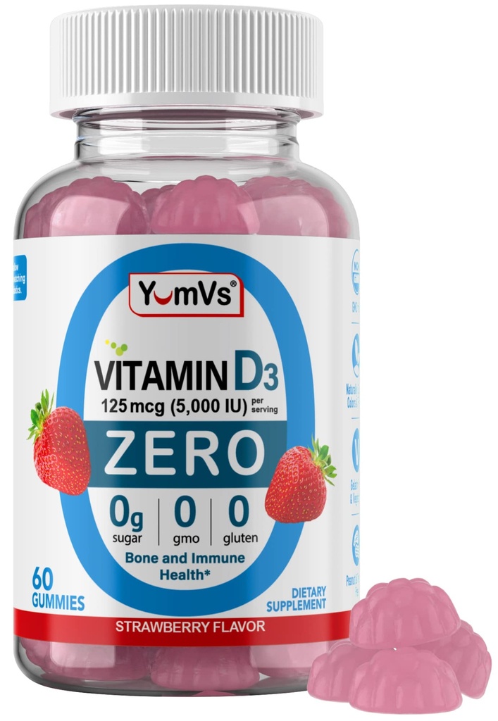 Jum-Vs - vitamin D3 Gumiji z ničnim sladkorjem za odrasle in otroke (125 μg - 60 count) - brez sladkorja Vitamin D Gumies - vegetarijanski Gummy Vitamini za podporo kosti in imuno zdravje - Vit D3 Vitamin žvečljiv