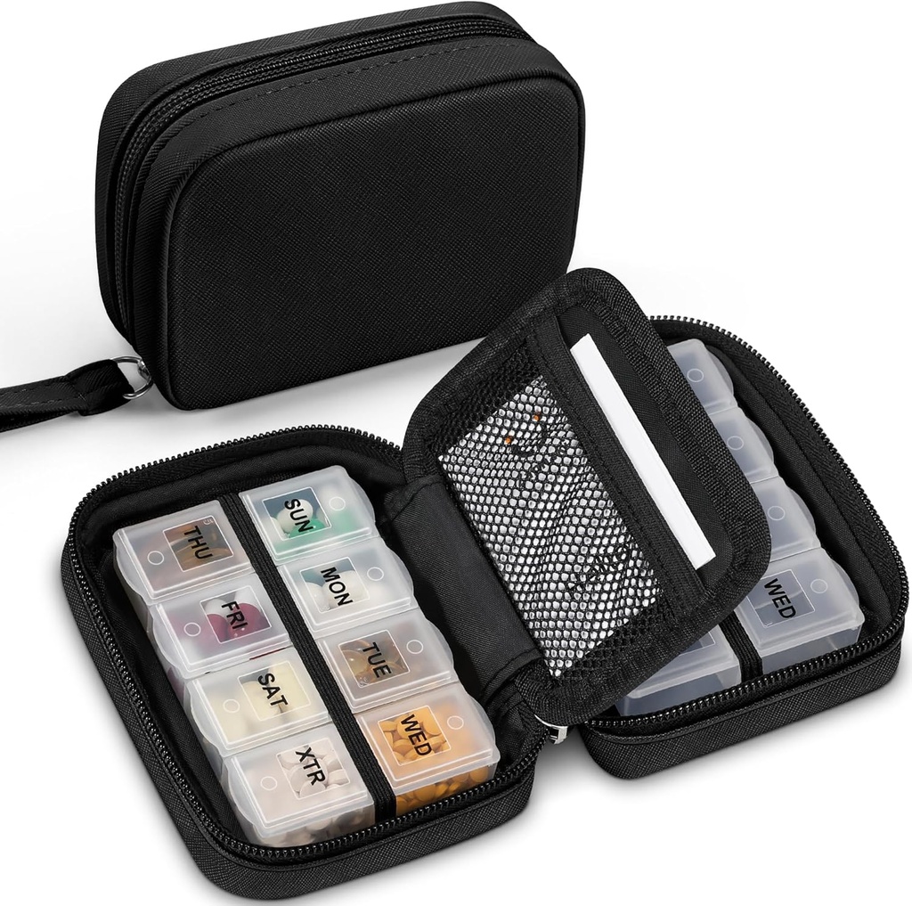 Zannaki luštna tablete Organizator za torbico z dvema odstranljivi 7-dnevno tablete škatle, Travel PU usnje tablete primeru, Prenosni tedenski tabletke kontejner s shranjevanjem vrečko za zadrževanje vitaminov, ribje olje, dodatki (črna)