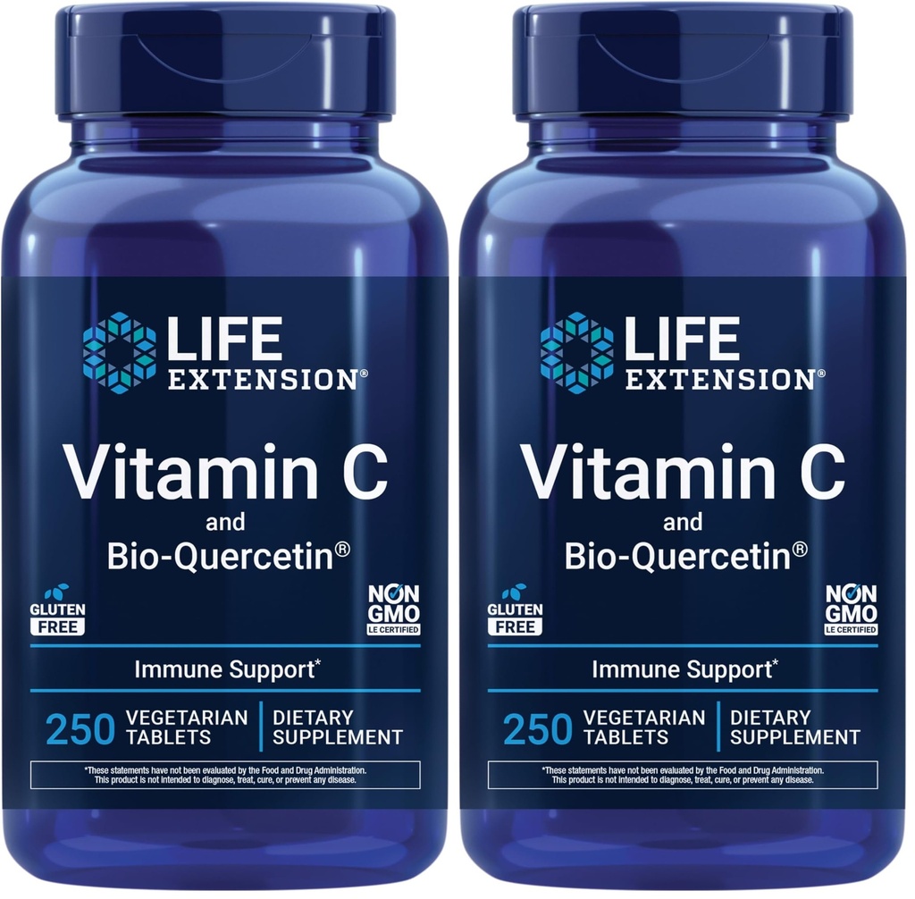 Life Extension Vitamin C in Bio-Quercetin®,Cardiovascular Health Supplement,Immune Support,Visoko absorpcijski,quercetin,Vitamin C,Gluten Free,Non-GMO, Vegetarian, 250 tablet,(Pack z 2)