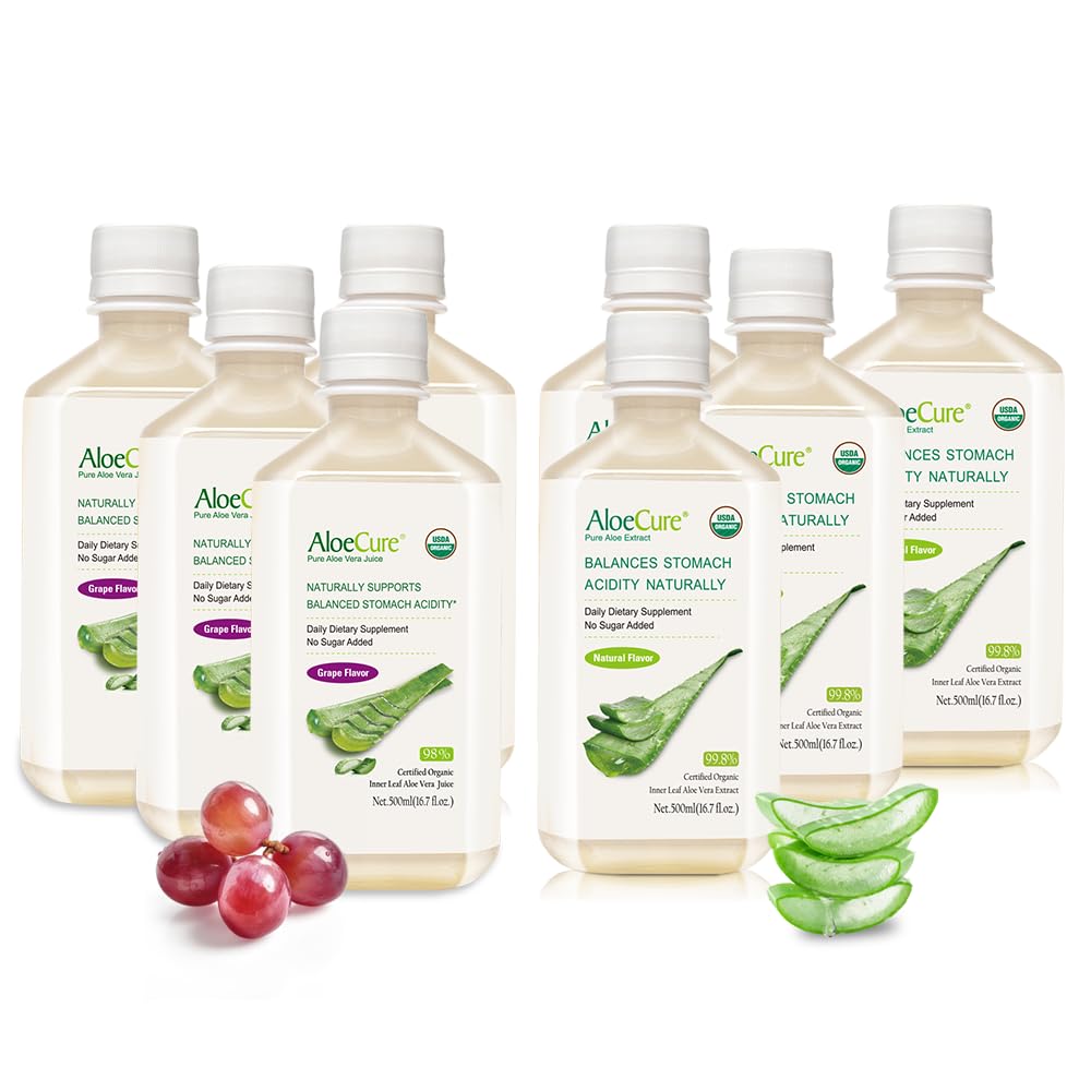 AloeCure Organic Aloe Vera Juice - 8 steklenica Vzorec Pack - Grozdje in naravna aroma, 8x500ml