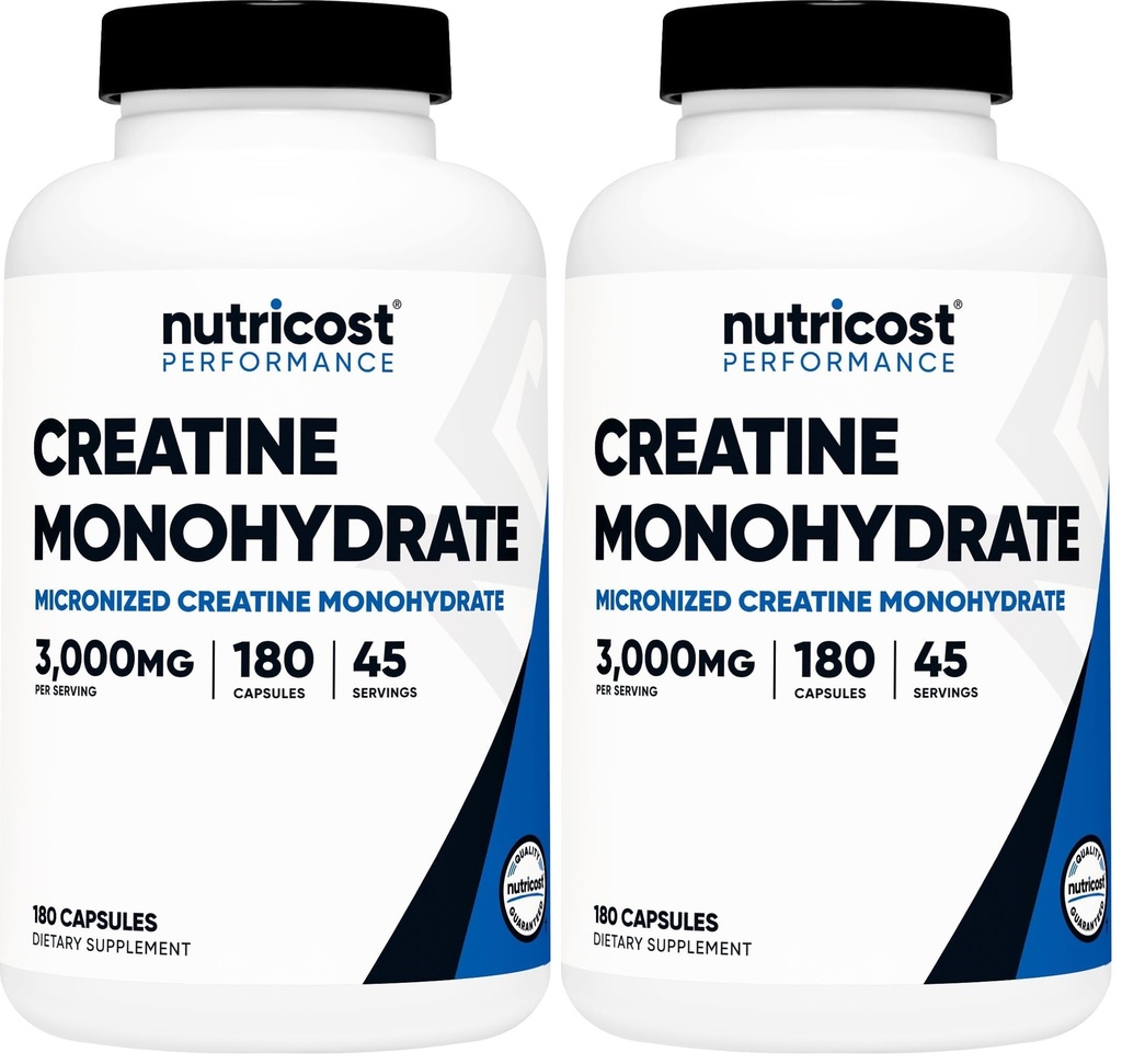 Nutricost Kreatin Monohidrat 3000 mg 180 kapsul (750 mg na kapsulo) - brez glutena, brez glutena (paket z 2)