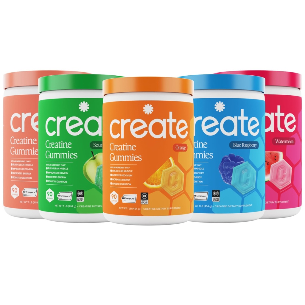 Ustvarite Kreatin Monohidrat Gumies - Visoka 5 Bundele - Sour Peach, Sour Apple, Watermelon, Modra malina & Orange - Kreatin Gumies za ženske & moške, NSF Certified, 3. stranka Tested, (5-Pack)