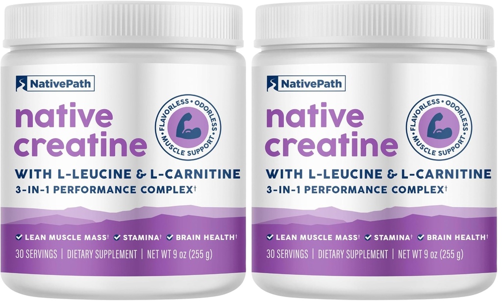 NativePath Kreatin monohidrat v prahu z L-levcinom in L-karnitin - Muscle Building Supplement za moške in ženske - 30 Serving (Pack of 2)