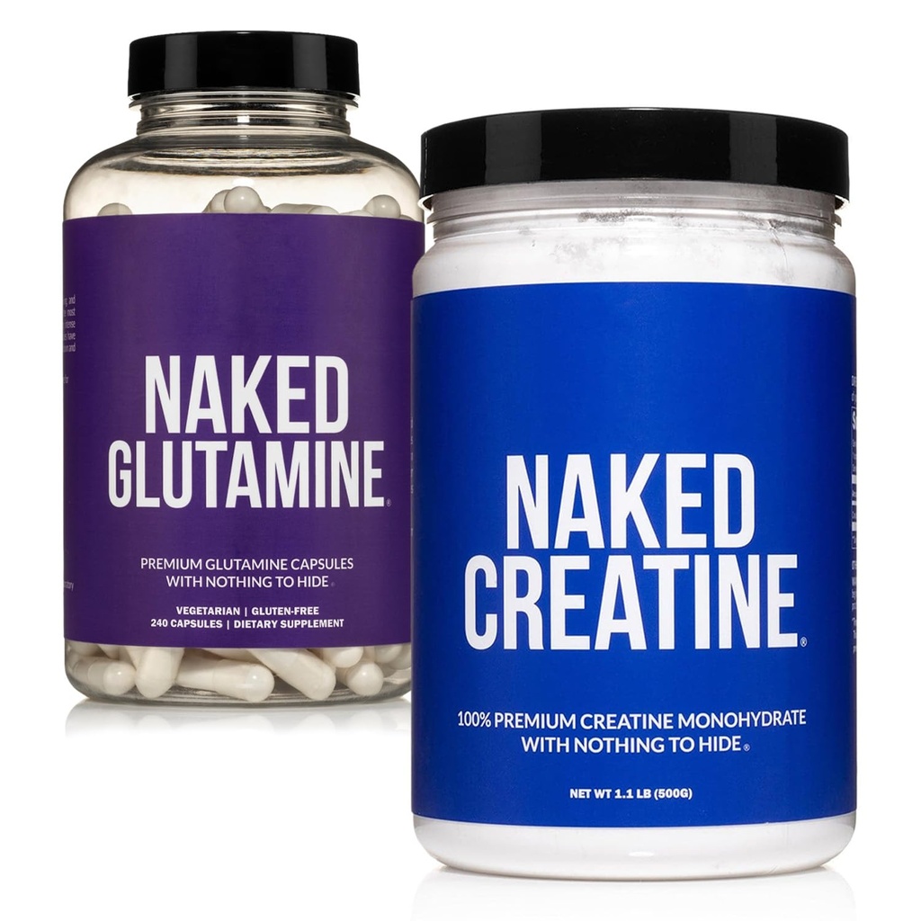 NAKED Pure Micronized Kreatin Monohidrat 100 Servis + Pure L-glutamin 240 Kapsule paket: Vegan, Non-GMO, Gluten brezplačno. Zmanjšanje mišične razgradnje in izboljšanje sinteze beljakovin. Nič umetnega