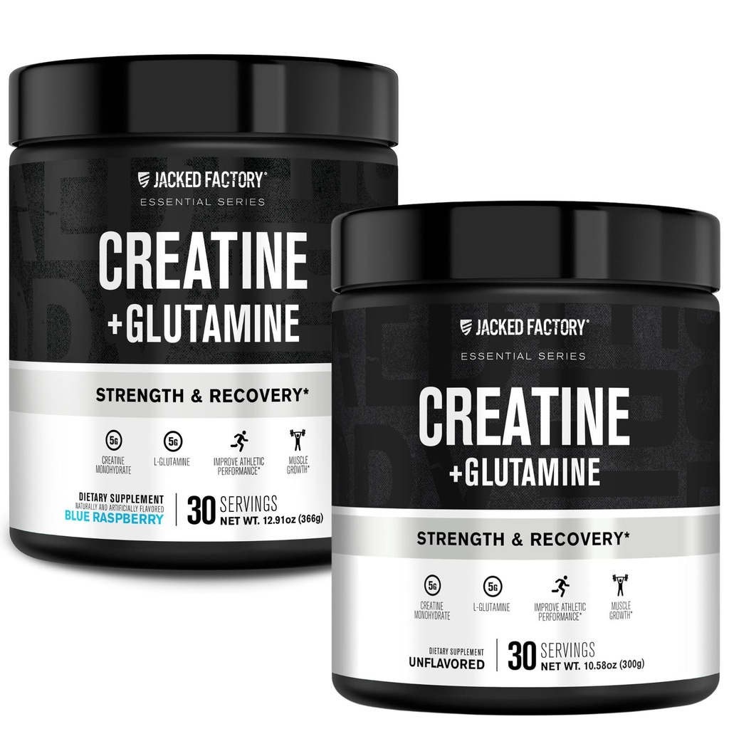 Jacked Factory Kreatin + Glutamin - Kreatin dodatek z L-glutamin za obnovo mišic, mišična rast, povečana moč (30 Serving, Unflavored & 30 Servings, Modra malina)
