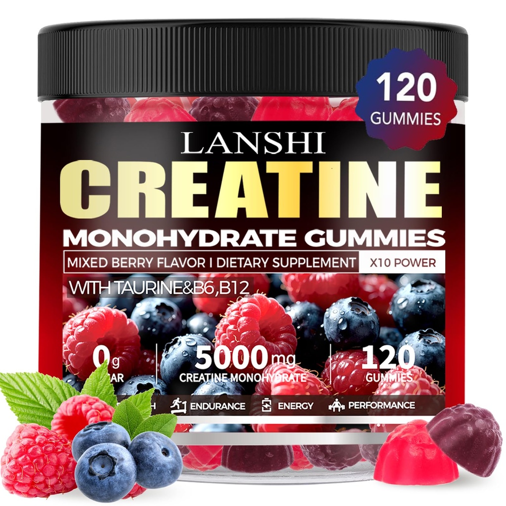 Kreatin Monohidrat Gumies 5000mg - Sugar Free Pre Workout dodatek za moške in ženske, Kreatin Gumiji za mišice, moč, okrevanje, kognitivno zdravje in spomin, mešane Berry Flavor, 120 Count