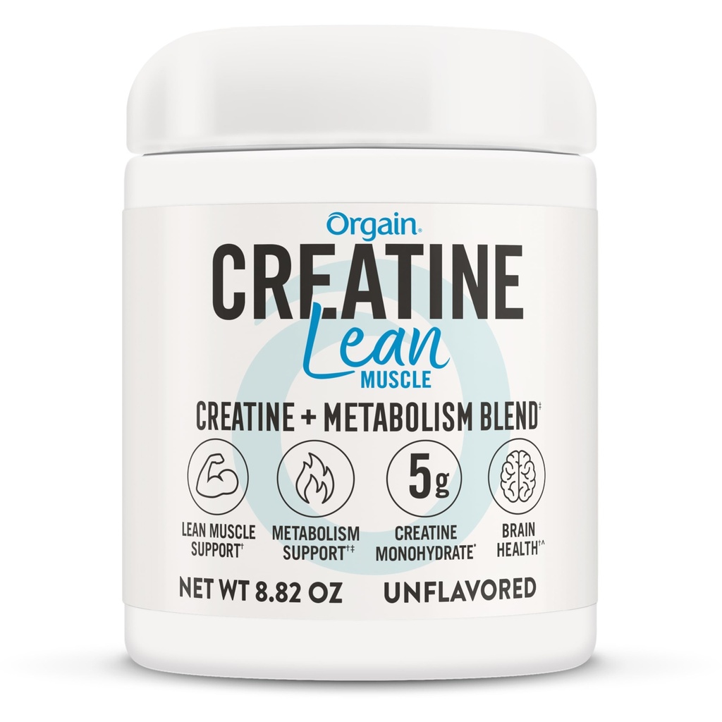 Orgain Mikroniziran Kreatin Monohidrat Lean Muscle Powder s presnovo Mešanica, nearomatizirana, 50 Serving, Podpira mišično moč in zdravje možganov, Brez mleka ali soje, Gluten prost, Vegan