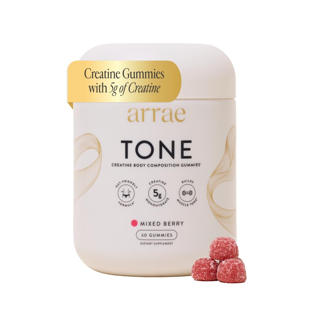 Arrae Tone Gummies – Kreatin Monohidrat za ženske – Podpora Lean mišice, Moč in okrevanje – Mešana jagoda aroma – 60 Count