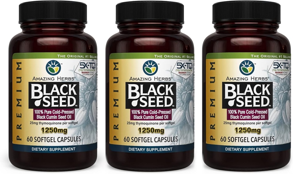 Amazing Herbs Premium črne oljne kapsule - visoka moč, hladno stisnjena Nigella Sativa Aids v prebavnem zdravju, imunske podpore in možganske funkcije - 60 Count, 1250mg (Pack of 3)
