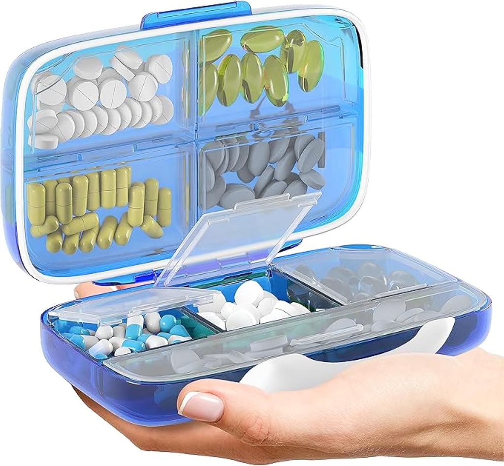 Potovalne tablete Organizator - Airtight Medicine Primer za potovanje Portable Lekarna Box z nalepkami Vitamin Container 8 Kompartment Dopolnilno zdravilo Imetnik velike zmogljivosti dnevno (modra)