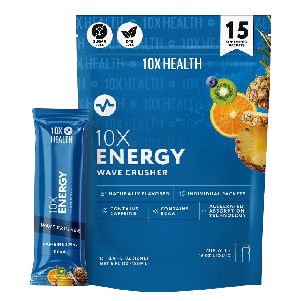 10X Health - Energy Wave Crusher - Energy Drink z 200mg kofeina, BCAA, vitamini B, pospešena absorpcija - Tropski Punch Pred-workout Drink - 15 Drink Mix Packets (Wave Crusher - Energy)
