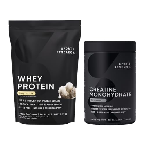 Športne raziskave® Kreatin Monohidrat (100 strežb) & sirotkine beljakovine (63 strežb), Dynamic Duo za Lean Muscle Building, Izboljšana zmogljivost, moč in regeneracija - Sports Nutritio