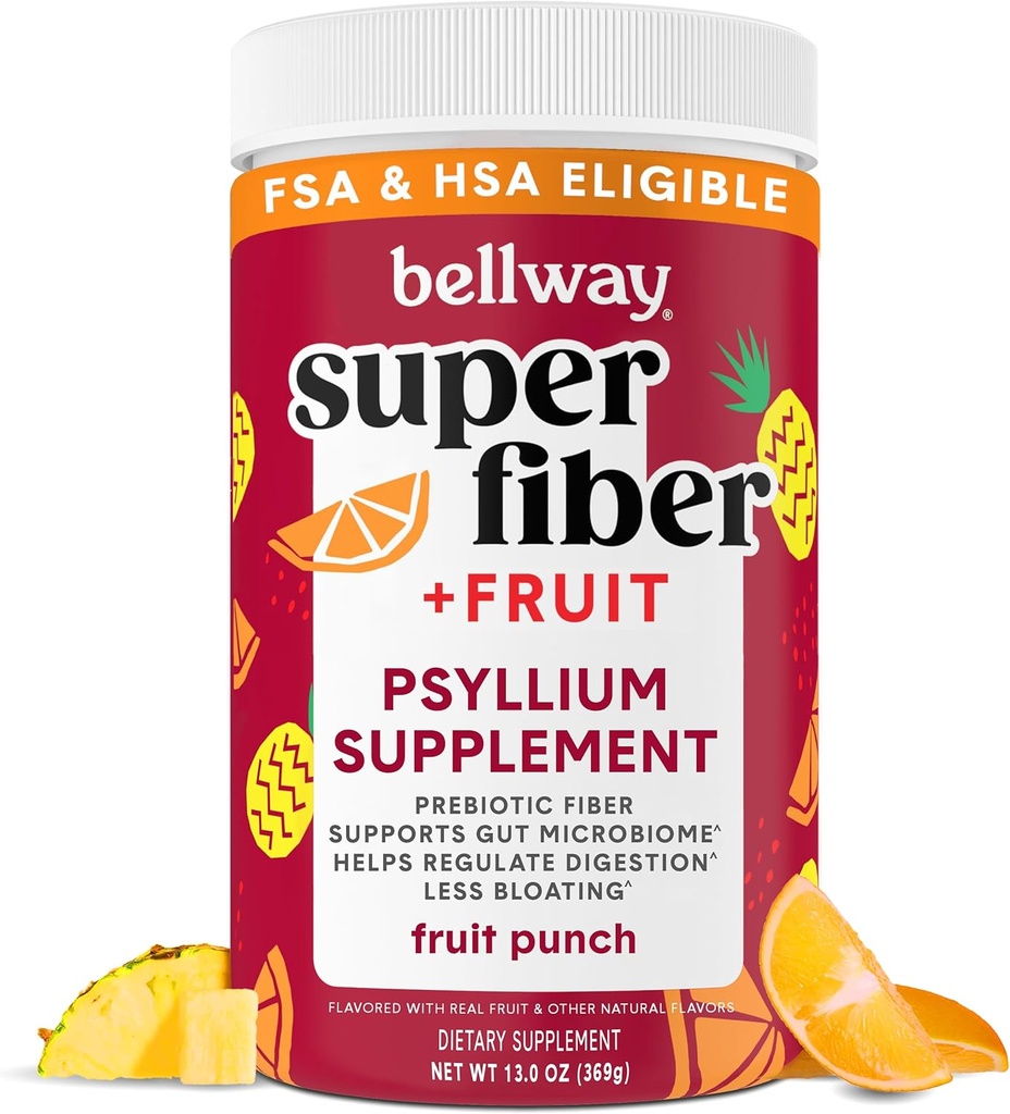 Bellway Super Fiber Powder + Sadje, brez sladkorja Organski Psylium Husk Powder Fiber Dodatek za regularnost, Bloating Relief & Prebavljivo zdravje, na bazi rastlin, Sadni Punch (50 obroki)