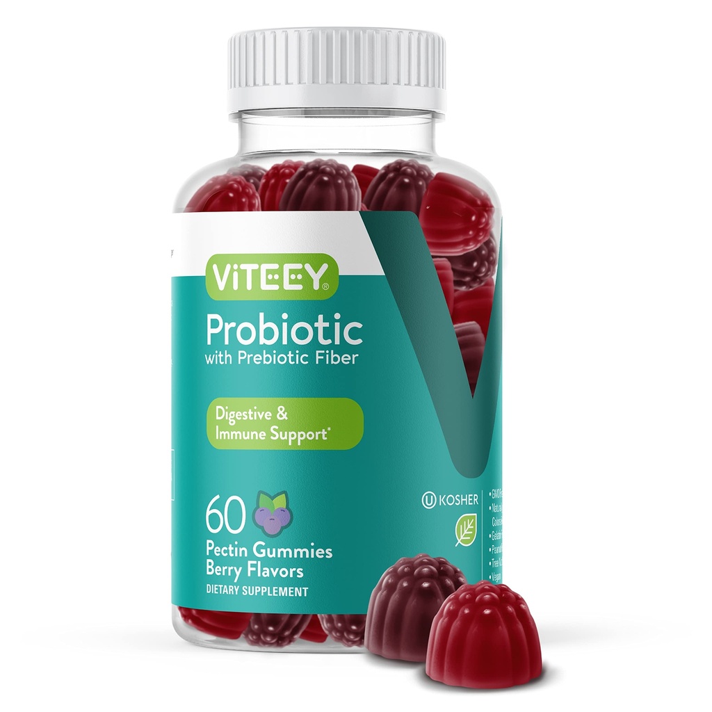 Viteey Probiotic Gumies s prebiotiki – Gut Health Supplements for Digestive Health – 2 milijard CFUs – Vegan, Gluten-free – 60 Count