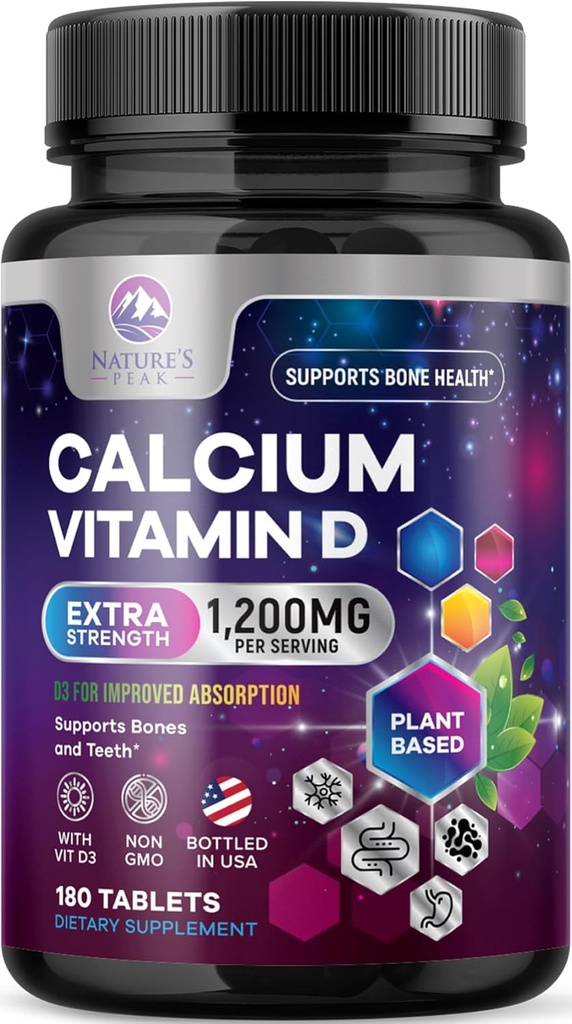 Kalcij 1200 mg z vitaminom D3, kalcij dodatek vitamini, kosti, zobje in imuno zdravje podpora, kalcij dopolnila z D za ženske in moške, naravni absorbtivni kalcijev karbonat - 180 tablet