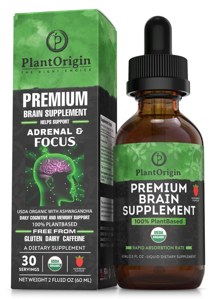 PLANTERIGIN-USDA Organic Liquid Brain Supplement – Rastlinske nootropne kapljice za fokus, Spomin in Duševna jasnost – Vegan, Non-GMO, Caffeine-free, Ashwagandha, Ginseng, Ginkgo, Rhodiola – Made in USA