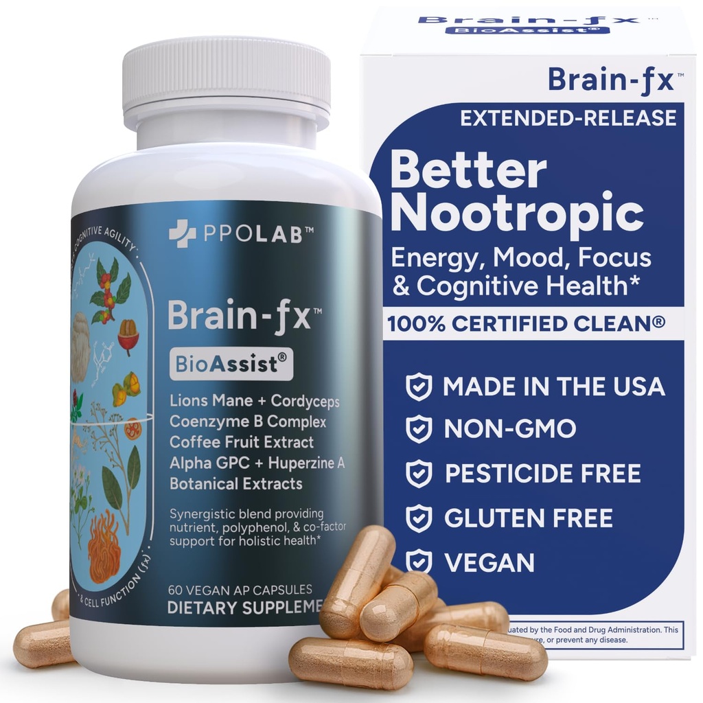 Brain-fxTM B Vitamini in zelišča za spomin in fokus, nootropični dodatek, Metilirani B kompleksni holin Bacopa Lions Mane Cordyceps goba kavni ekstrakt Alfa GPC L Theanine Huperzine A - 60ct