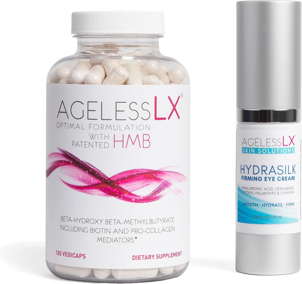 AgelessLX dopolnilna kapsula za ženske s HMB Hydrasilk kremo za oči