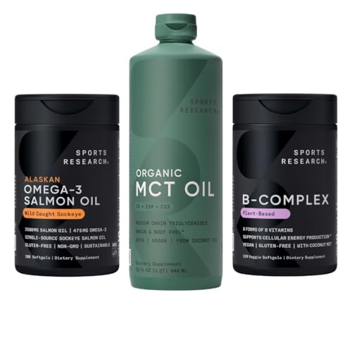 Sports Research® Supplements Pack - Omega 3 Salmon Oil + Organic MCT Oil + Vitamin B-Complex