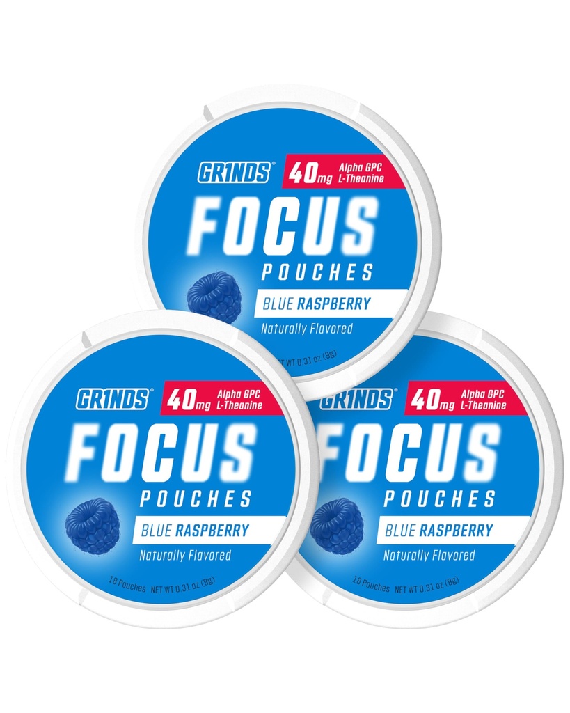 GRINDS Fokus vrečke - naravno arome z nootropnih sestavin - vsebuje Alfa GPC in L-Theanin, Sugar-free - 3 Pack, 18 vrečke na Can - Modra malina