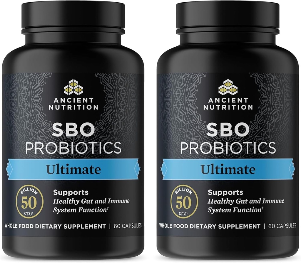 Ancient Nutrition Probiotics, SBO Probiotics Ultimate 50 milijard CFUs*/Serving, Prebavna in Imunska podpora, Gluten brez, Starodavna Superfoods Mešanica, Shrink-Wraped 60 kapsul (2 paket)