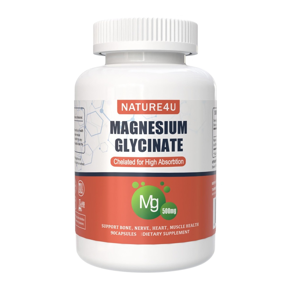 Magnezij Glicinat 500mg, 100% kelat za visoko absorpcijo Magnezij dodatek za spanje, mišice, srce, nikoli in kosti podporo, 90 kapsul