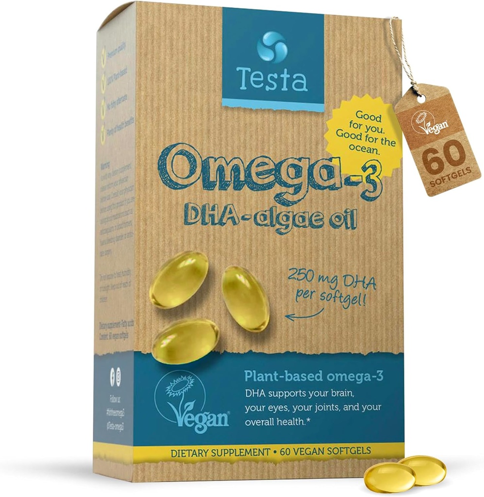 Testa Omega 3 dodatek - 250 mg DHA iz Algae Oil - Vegan Omega 3 - Podpira možgane, oči in skupno zdravje - Ni iz rib, Pure Algae kapsule - dva meseca dobave