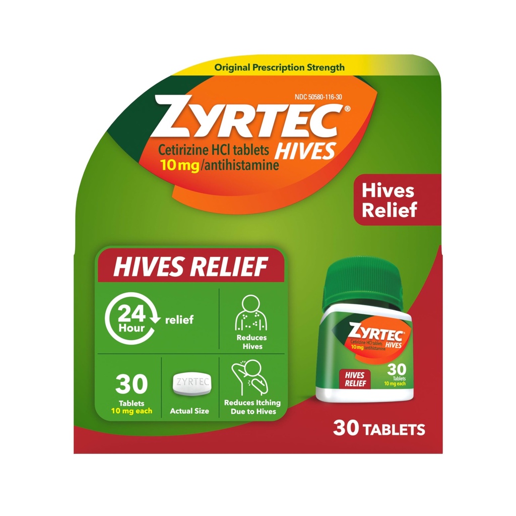 Zyrtec 24 ur Koprivnica Relief tablete, 10 mg Cetirizine HCl tablete za pomoč zmanjšanje panjev in zmanjšanje srbenja zaradi panjev, Antihistaminiki tablete za Srbenje Relief in zdravljenje urtikarije, 30 urt