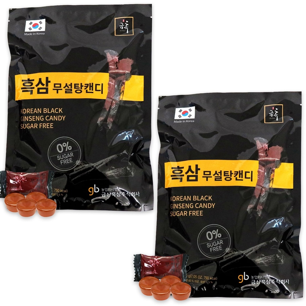 GeumHeuk Korean Panax Black Ginseng Candy Real Sugar Free (200g X 2 Bags (400g)) - NO Corn Syrup. Smooth, Breath Refresher, Healthy Candy, Best Taste and Sugar Free, Energy Candy