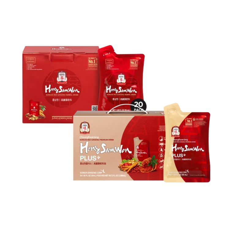 JUNG KWAN JANG Hong Sam Won + Hong Sam Won Plus Korean Red Ginseng Drink | Energy Drink, Pre Workout, Herbal Tea, Ginseng Supplement | Hong Sam Won 20 Pouches + Hong Sam Won Plus 30 Pouches