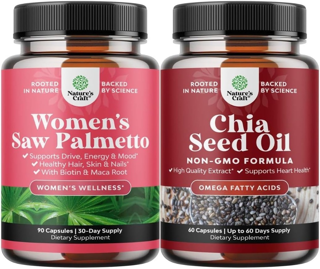 Paket dodatne moči žaga Palmetto za ženske in Chia Seme olje ekstrakt Kapsule - Močnejši Debeli hitreje rast las Vitamini - rastlina na osnovi Omega 3 6 9 Dopolnilo in dnevno Fiber kapsule