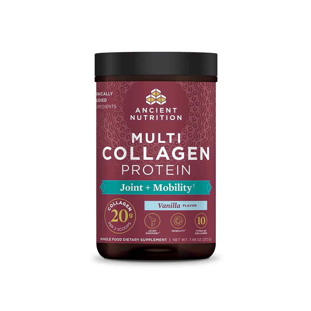 Ancient Nutrition Collagen Powder Protein, Multi Collagen Protein Powder Joint + Mobility, 20 Serving, Skupni dodatek s hidroliziranimi kolagen peptidi za postworkout, 7.48oz
