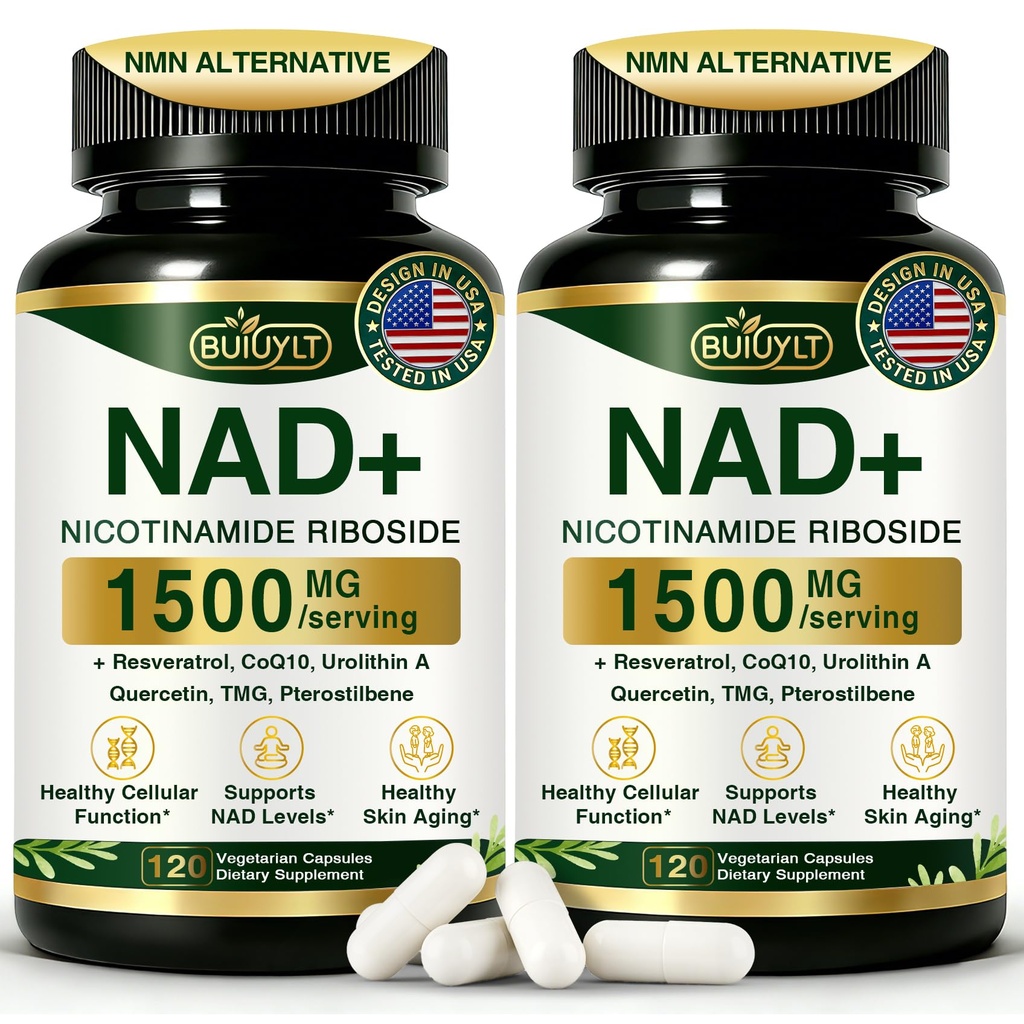 NAD+ Supplement 1500mg, NR NMN Replacement with Resveratrol, Urolithin A, CoQ10 & Quercetin - NAD Plus for Cellular Energy, Healthy Aging & Stamina for Women & Men - 120 Capsules -2pcs