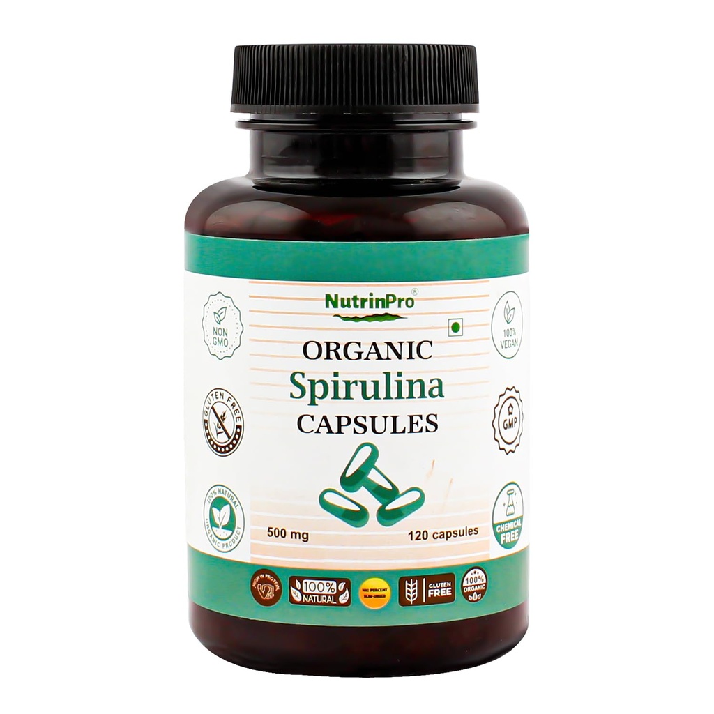 USDA Organic Spirulina kapsule - 100% Pure Vegan dodatek, Ne-GMO, Gluten-free, Chemical-free, (120)