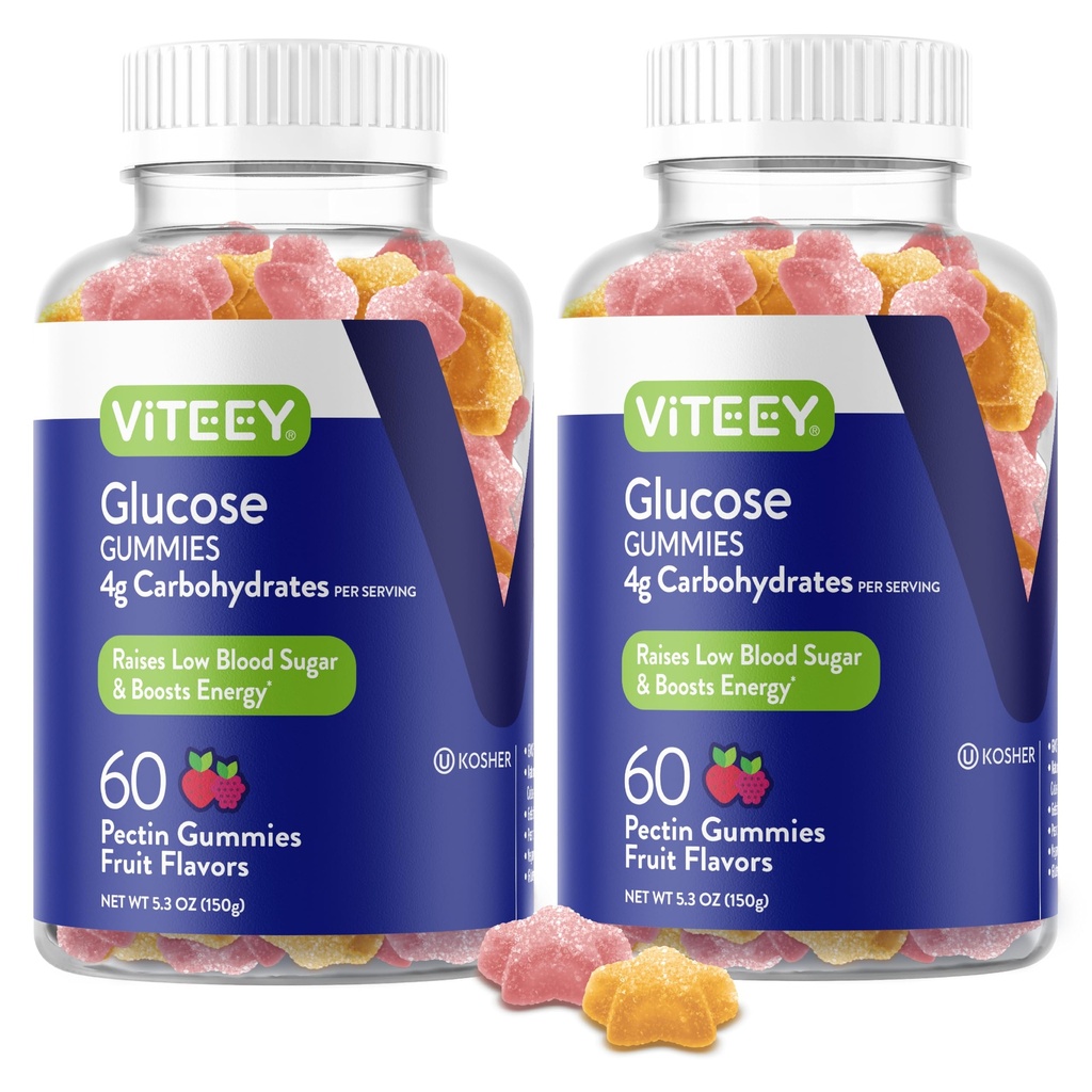 Viteey Glucose Gumies - 4g ogljikovih hidratov - hitro delujoča alternativa glukoznim tabletam - energijska in krvna podpora sladkorju - Vegan, Gluten prost, želatina brezplačno - 120 Count