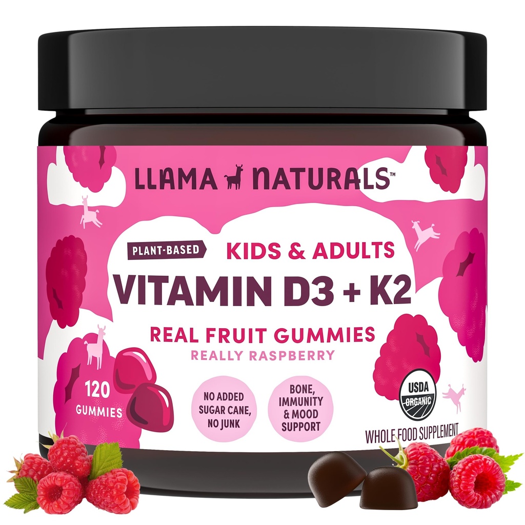 Llama Naturals Vitamin D3, Vegan, Organic Imune Support dopolnilo, Vitamin D Gumies za odrasle in otroke, Pravi sadni Gummy Vitamini, Spodbuja zdravje kosti, Brez dodanega sladkornega trsa, Malina, 120 Ct