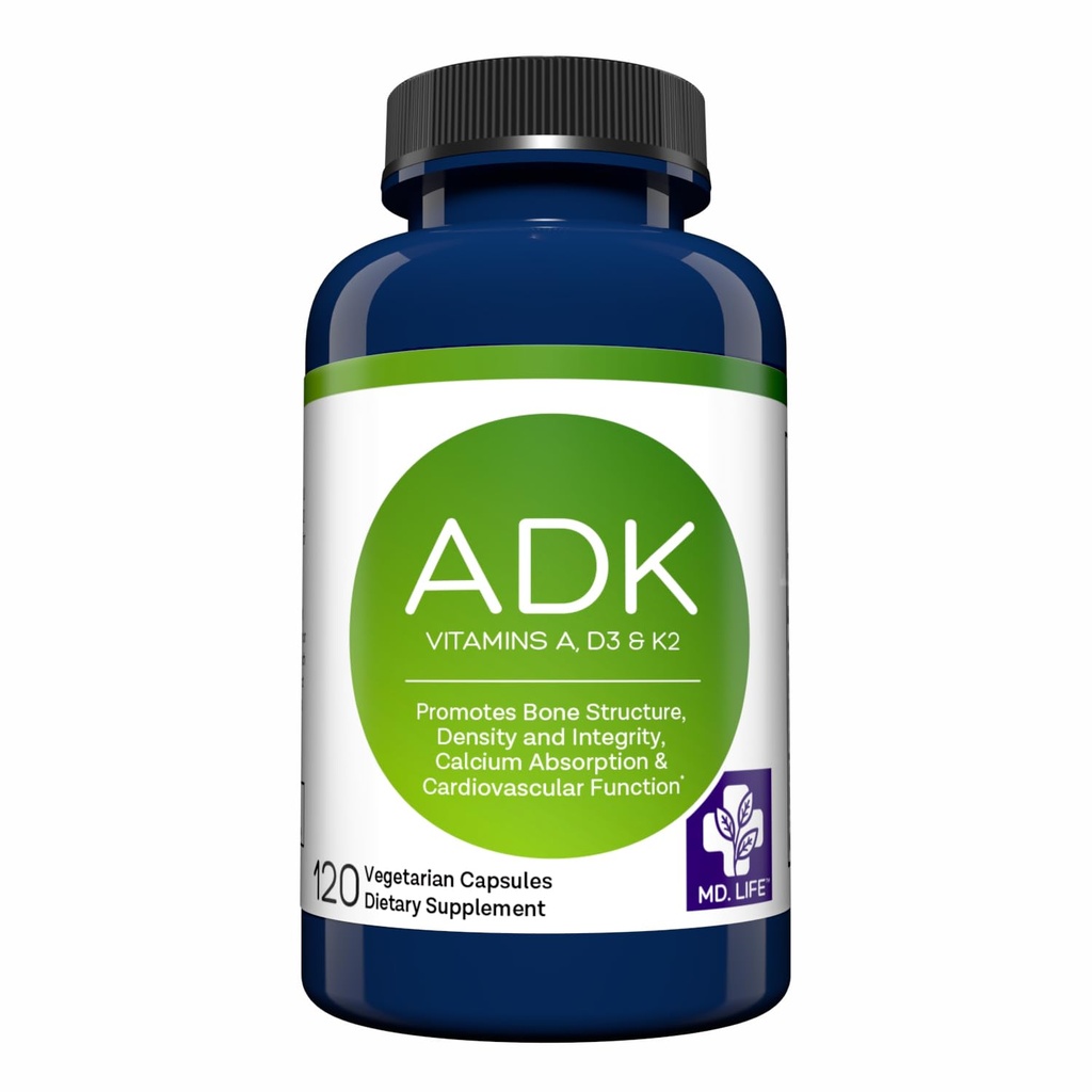 MD.LIFE ADK dodatek vitamina – Vitamin D3 K2 in A kompleks – 120 Kapsule – Visoka jakost Vitamin ADK za zdravje kosti in srca