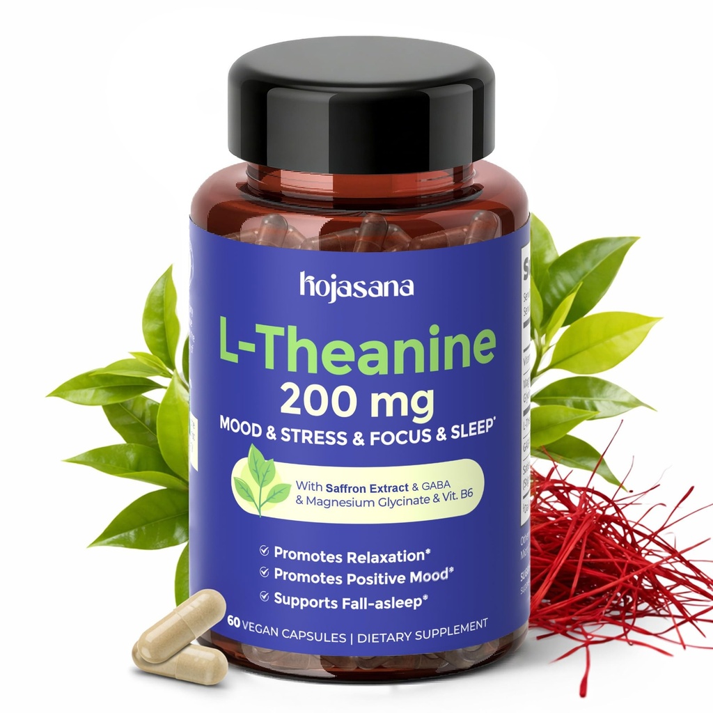 L Theanine 200mg z žafranom, GABA, magnezijevim glicinatom in vitaminom B6, L-teanin dodatek Advanced Complex Formula for Mood Relaxation & Stress Relief & Sleep Support, 60 veganskih kapsul