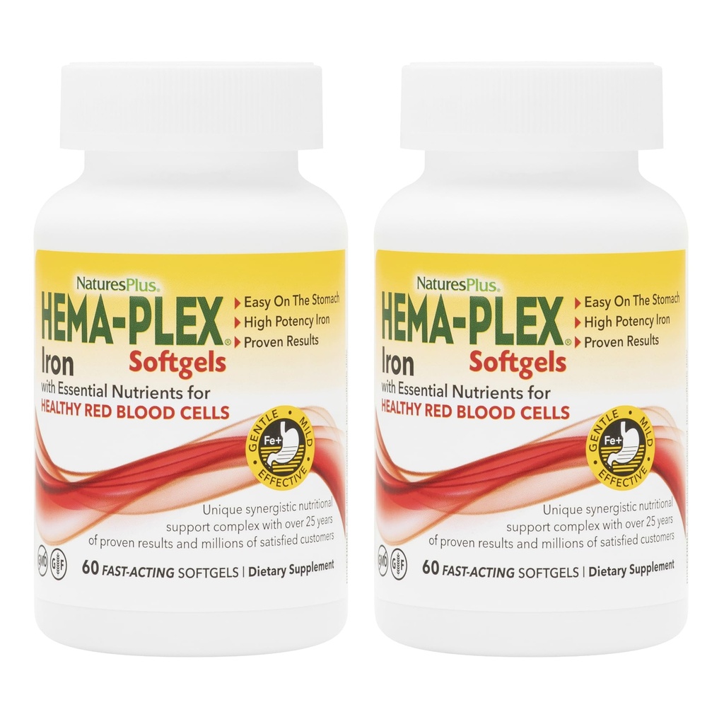 NaturesPlus železo Hema-Plex - 60 hitro delujočih softgels - 2 paket - 85 mg železo + vitamin C & bioflavonoidi za zdrave rdeče krvne celice - Vegan, Gluten prost - 40 skupno serviranje