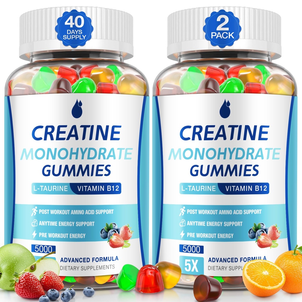 Kreatin Gummies za moške in ženske - Kreatin monohidrat Gummies 5g, Muscle Builder, Energy Boost & Predworkout dodatek, Nizki sladkor Taurin žvečljivi Gummi 2 paket