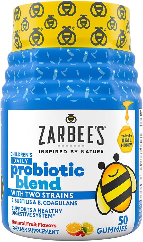 Zarbee's Kid's Daily Probiotic Blend Gummies z 2 Sevi za prebavno podporo; Enostavno za žvečenje; Gluten-free & Drug-free; Starost 2+; Naravni sadnih arom; 50 Število