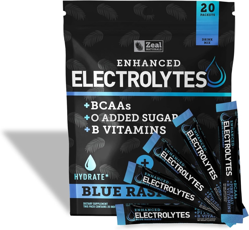 Izboljšani elektrolitski pudrasti paketi (modra malina) w/ 0 sladkor + BCAAs +B- vitamini Elektrolitski dodatek w Kalijev cink in magnezij za hidracijo - Keto Elektroliti