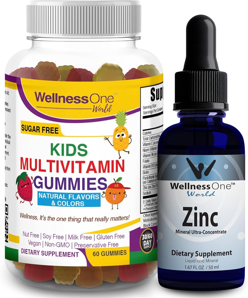 WellnessOne Tekoči cink & otroci multivitaminski žvečilni gumiji - Great Duo za povečanje energije, imunitete in vaše zdravje možganov otrok - 1,67 fl oz Cink Tekoči kapljice & 60 Medved sadni Gummy Multivitamin za otroke