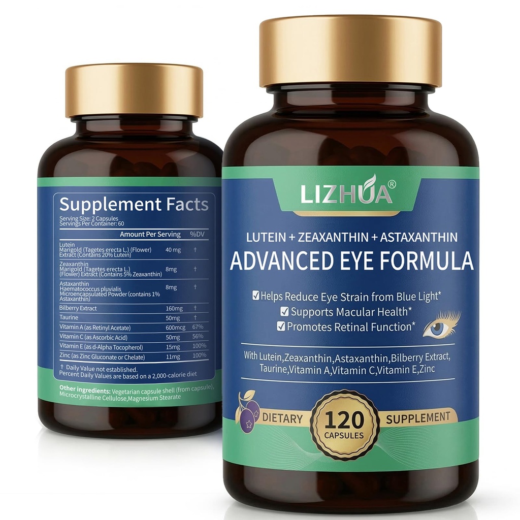 Lutein 40mg & Zeaksantin 8mg Eye Vitamini z astaksantinom, borovnico, tavrinom, vitamini A C E cink, modro svetlobo in makulo, 120 Veggie kapsule