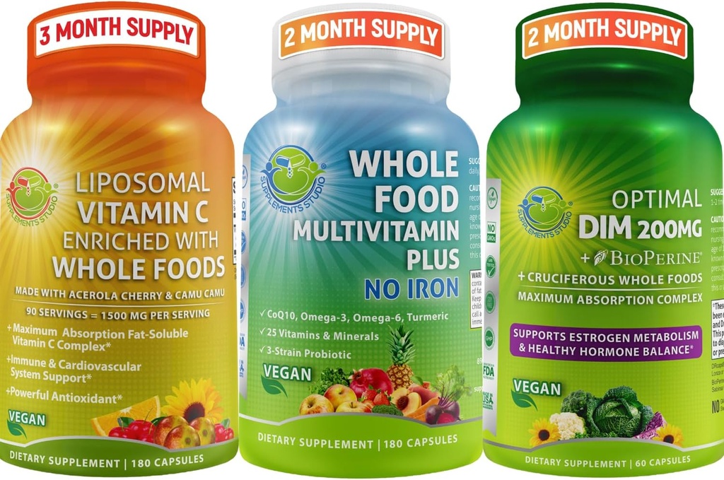DOPOLNILNI STUDIO Veganski Imunski, energijski in hormonski dodatek za moške in ženske – Veganski celi prehranski multivitamin brez železa + liposomski vitamin C 1500mg + Optimal DIM 200mg z BioPerine®