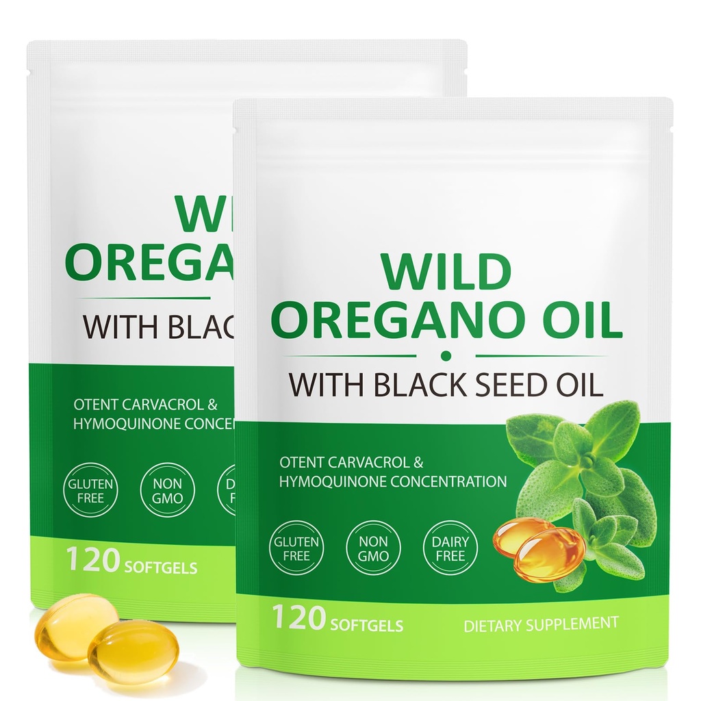 Oil of Origano Softgels 6000mg, 2 v 1 Oblikovan s črnim oljem 200mg, Imunska podpora, Origano Oil Kapsule Organic, Natural Defense Supplement, Non-GMO, Enostavno za pogoltniti, 240 Softgels