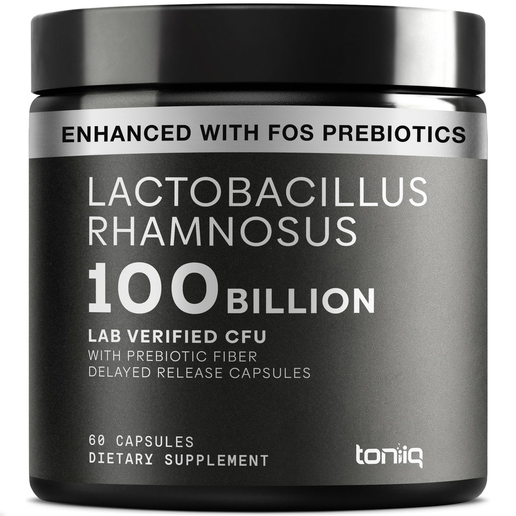 Toniiq Lactobacillus Rhamnosus – ultra visoka jakost 100B CFU s prebiotičnimi FOS – zapoznelimi release kapsulami – Testirani laboratorij tretje strani – 60 kapsul