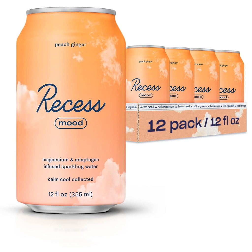 Recess Mood Magnezij & Adaptogen pijača, Sprostitev Pijača, 12 unča (Peach Ginger, 12 pakiranje)